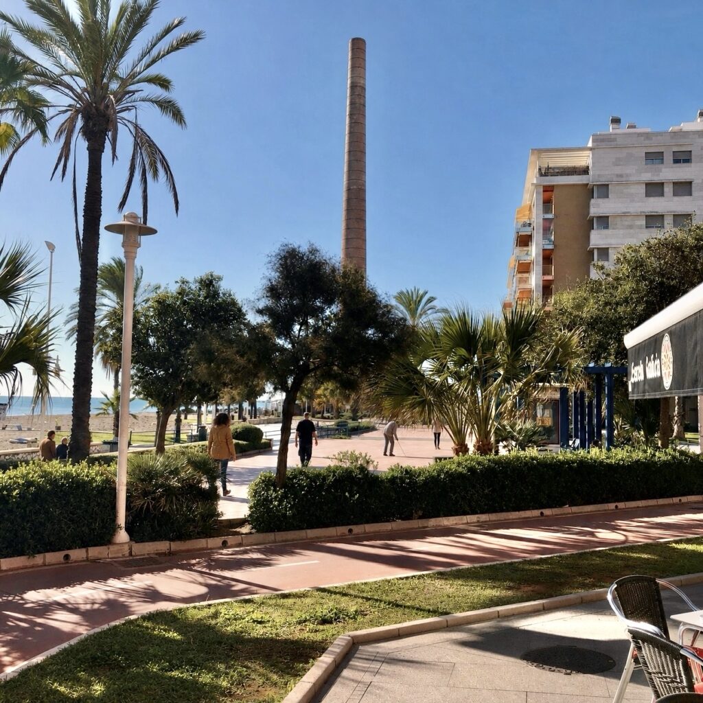 Huelin en Málaga con paseo marítimo y una antigua chimenea industrial